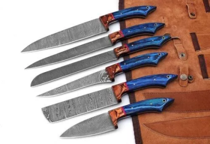 007-07 - Chef Knife Set 70 Damascus Blue Olive Wood 6 Piece