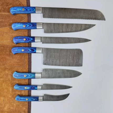 007-06 - Chef Knife Set 69 Damascus Blue Olive Wood 7 Piece