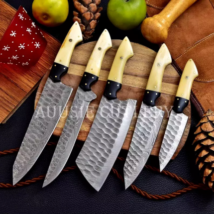 007-08 - Chef Knife Set 71 Damascus Hammered Camel  Bone and Bull Horn 5 Pieces